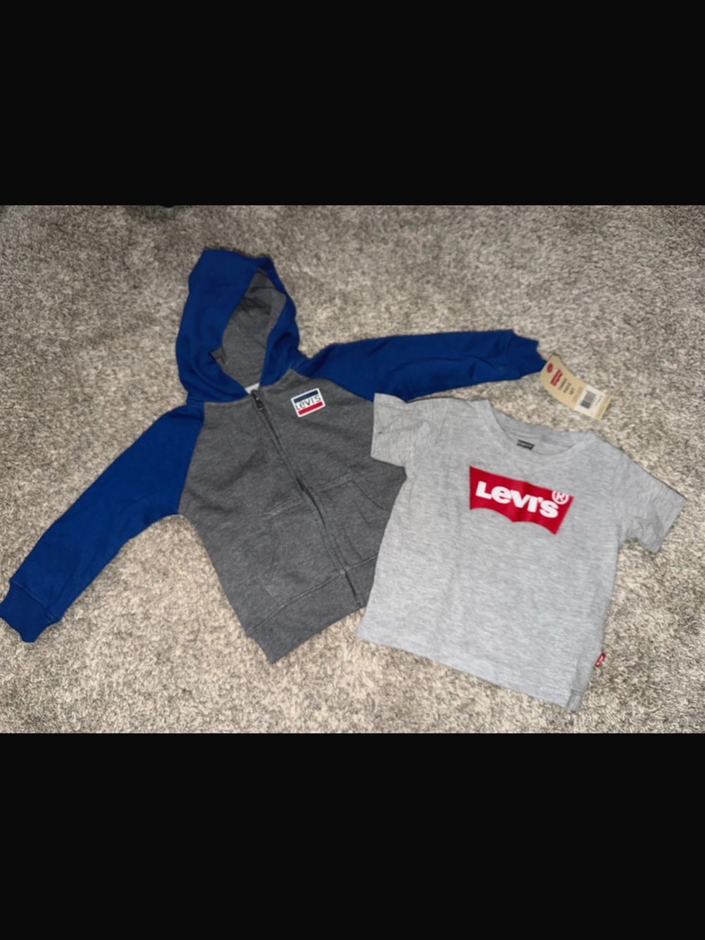 Levi's Kids Gray Hoodie with Blue Sleeves & Gray Tee with Red Logo